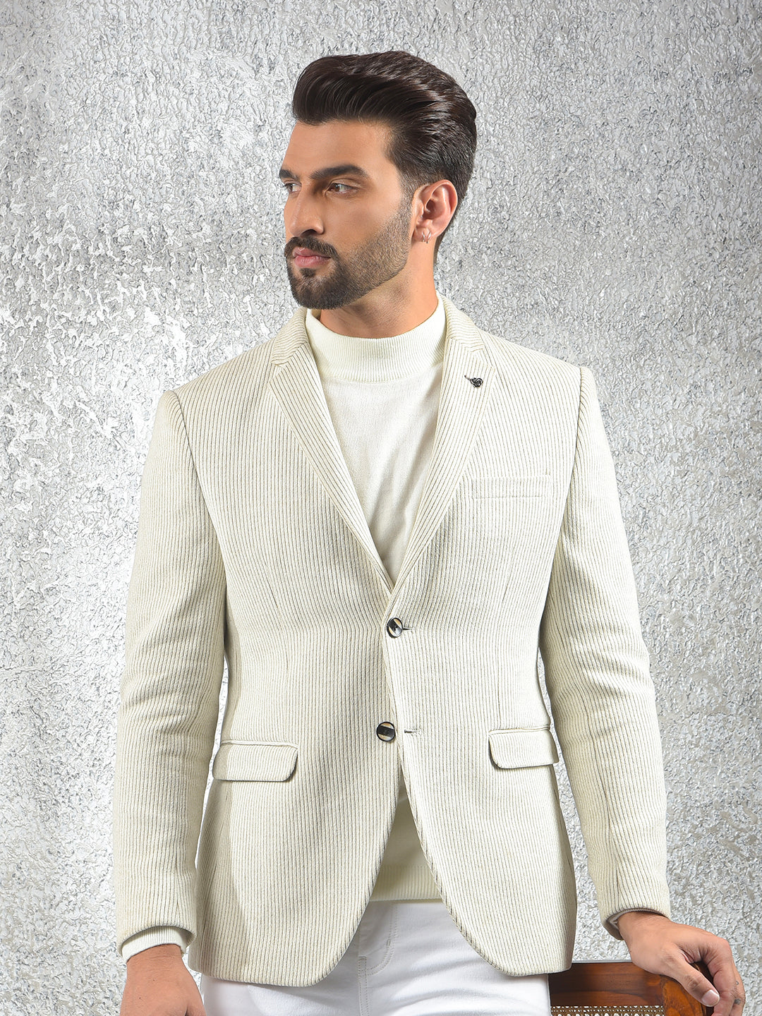 Beige Vertical Stripes Notched Lapel Single-Breasted Blazer