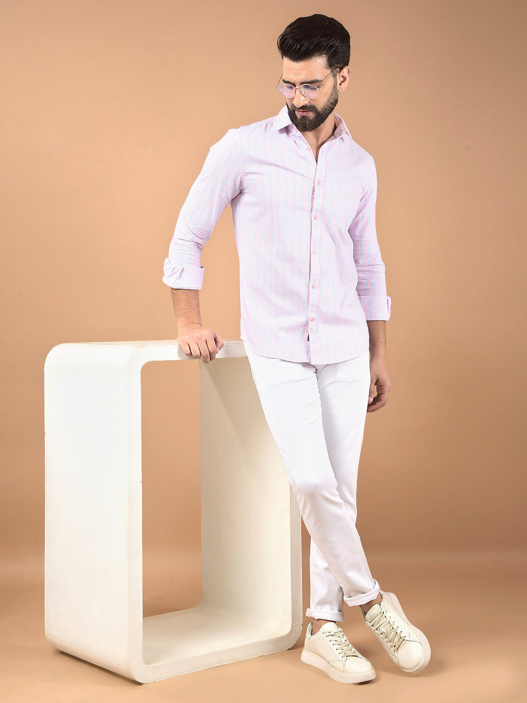 Pink Vertical Stripes 100% Cotton Shirt-Men Shirts-Crimsoune Club