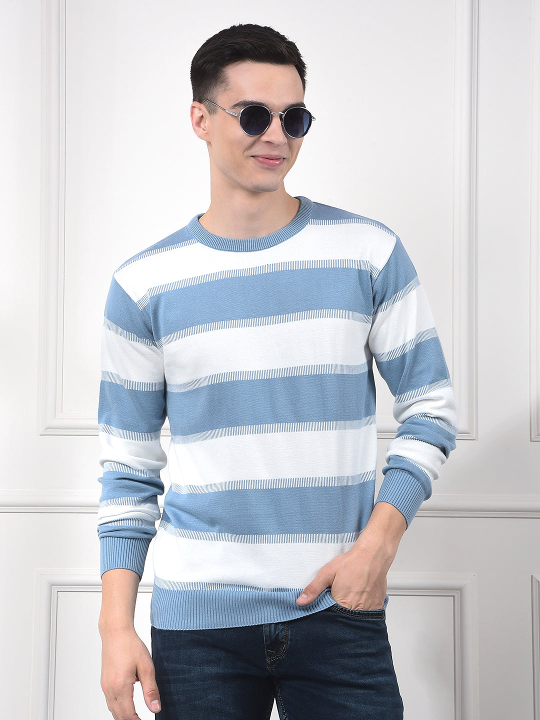 Blue Horizontal Stripes 100% Cotton Sweater