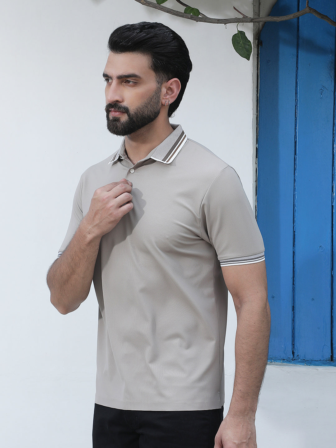 Beige Polo Neck Knitted T-Shirt