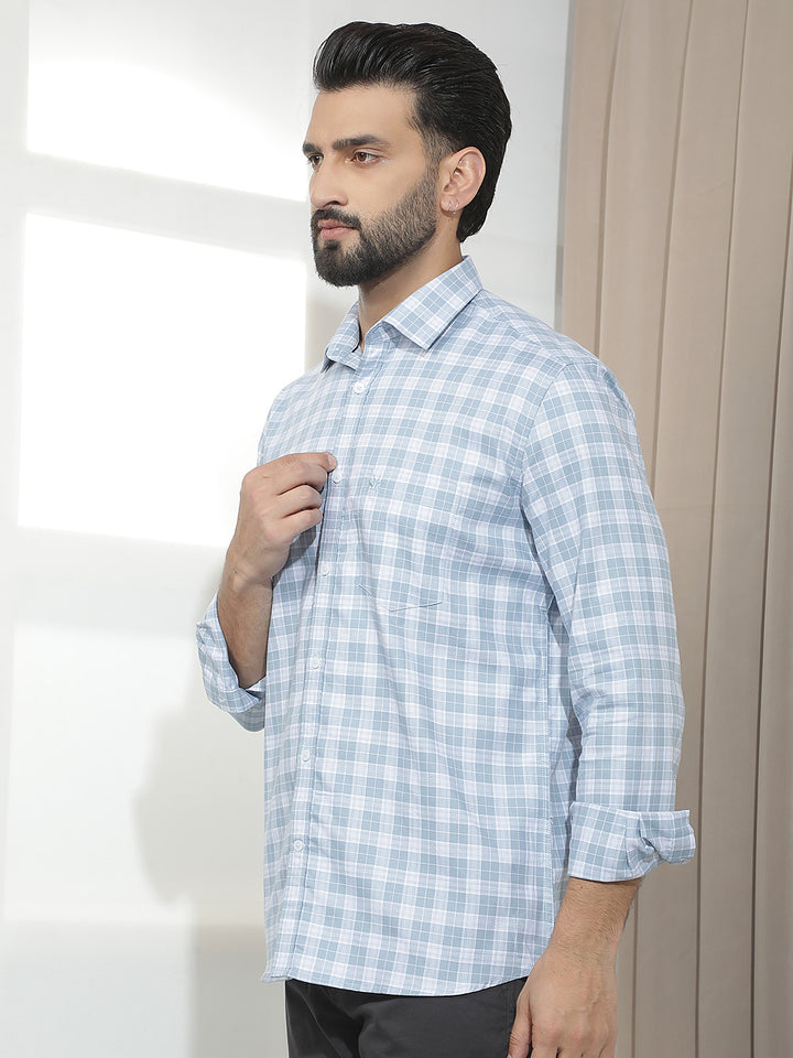 Pastel Blue 100% Cotton Checked Shirt