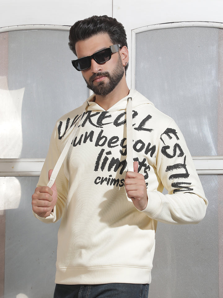 Off White Typographic Print Hooded Neck Sweatshirt