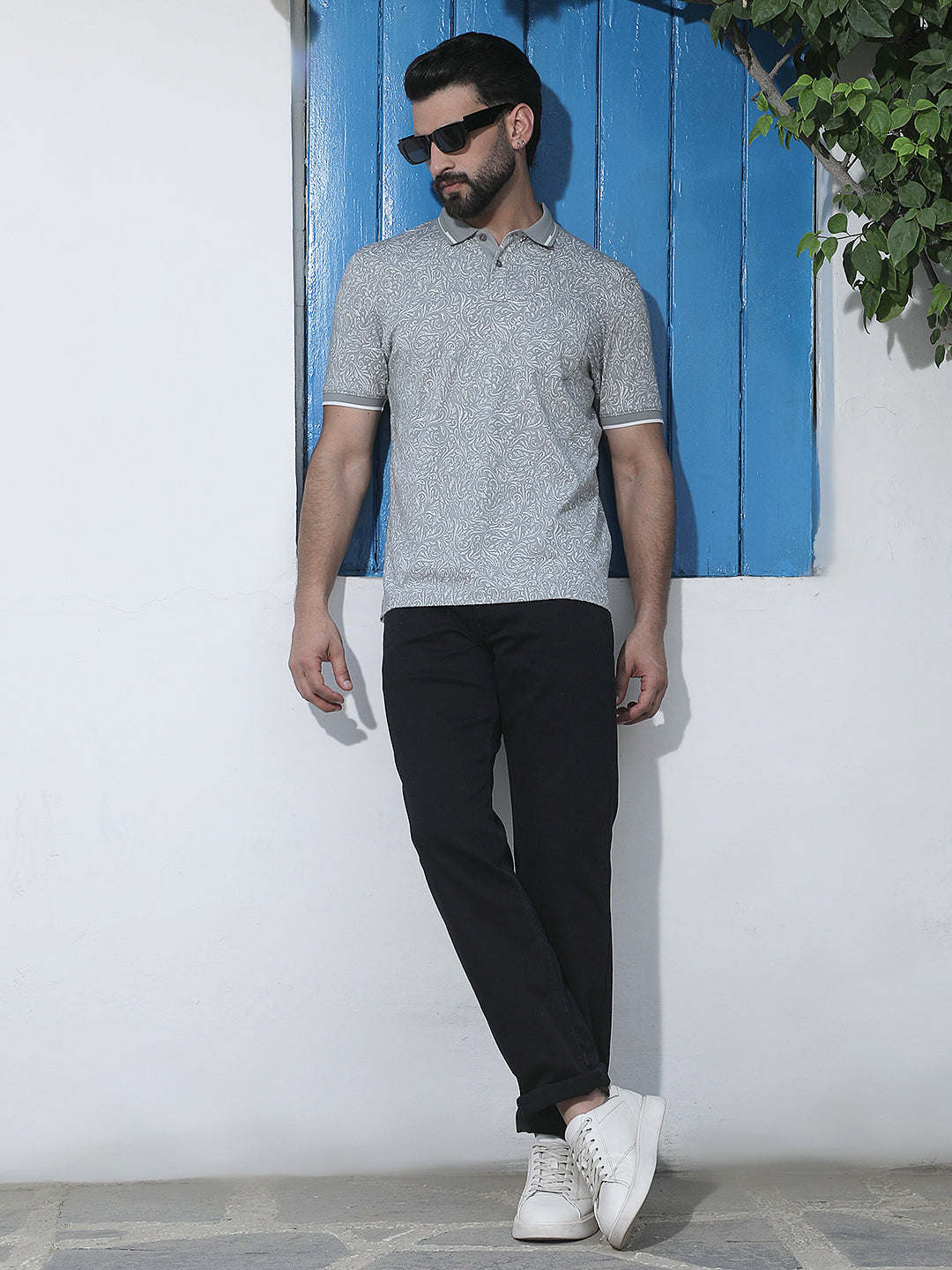 Grey Printed Polo Neck T-Shirt