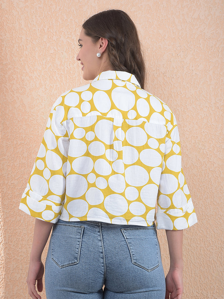 Printed 100% Cotton Yellow Crop Shirt With Extended Sleeves