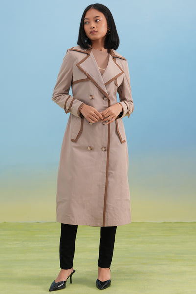 Contrast Trim Beige Belted Over-Coat