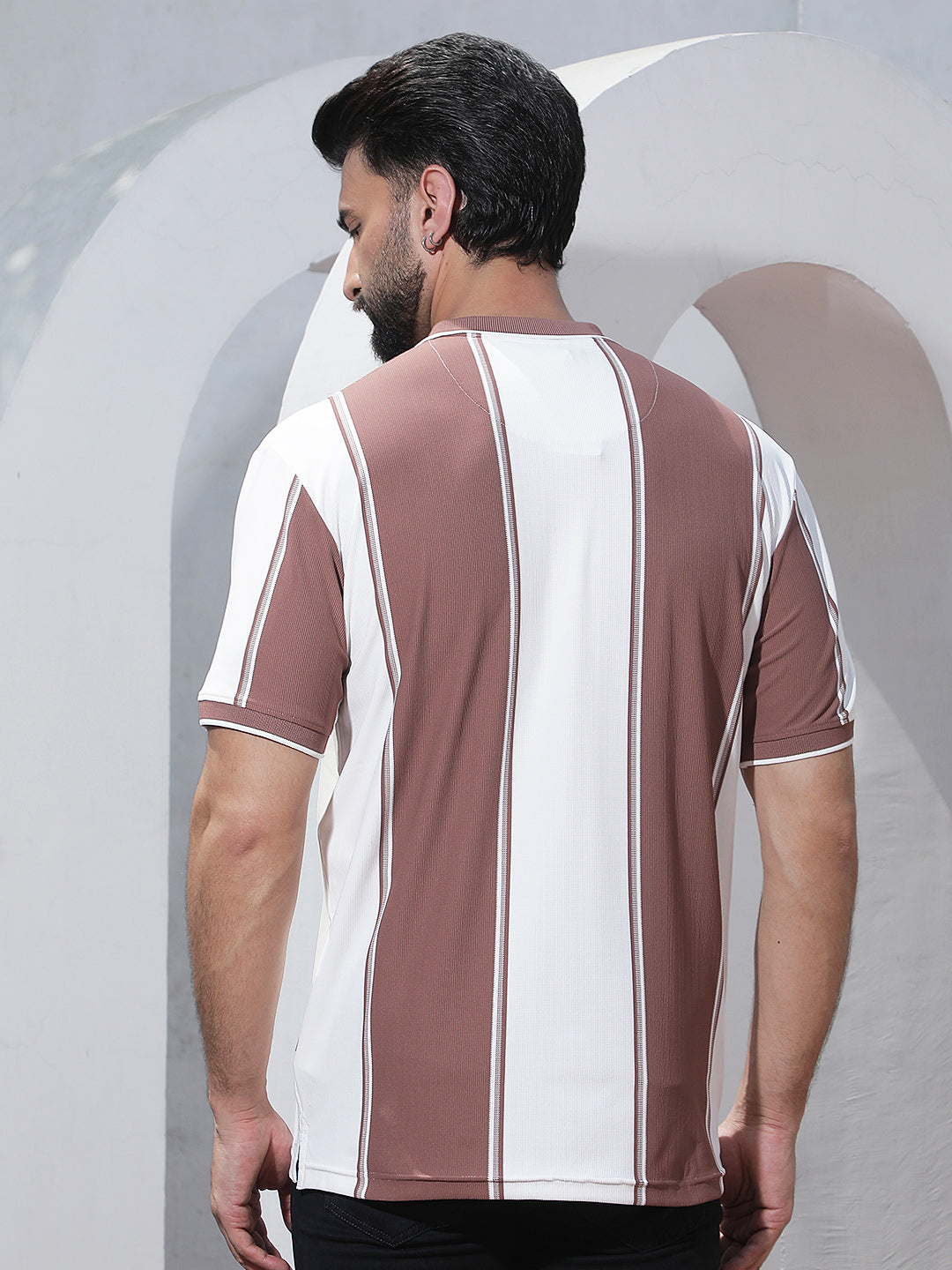 Purple Vertical Striped Polo Neck T-Shirt