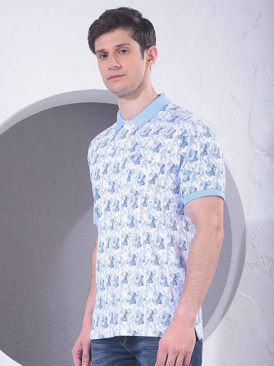 Blue 100% Cotton Geometric Print Polo T-Shirt