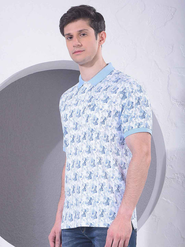 Blue 100% Cotton Geometric Print Polo T-Shirt