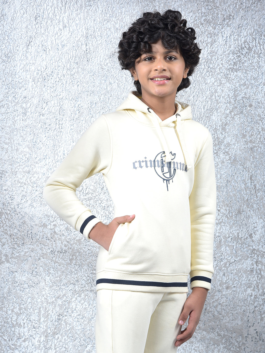 Cream Typographic Print Hooded Neck Sweatshirt