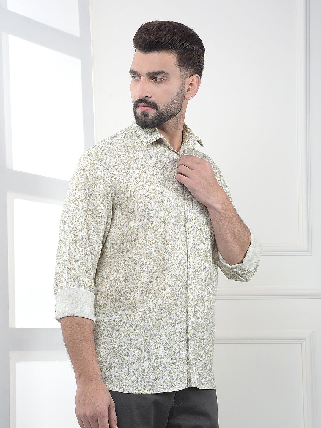 Olive Floral Print Linen Shirt