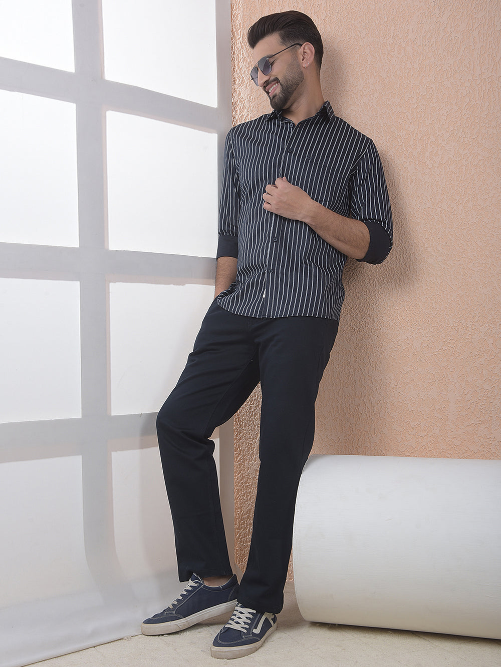 Navy Blue Vertical Stripes Shirt