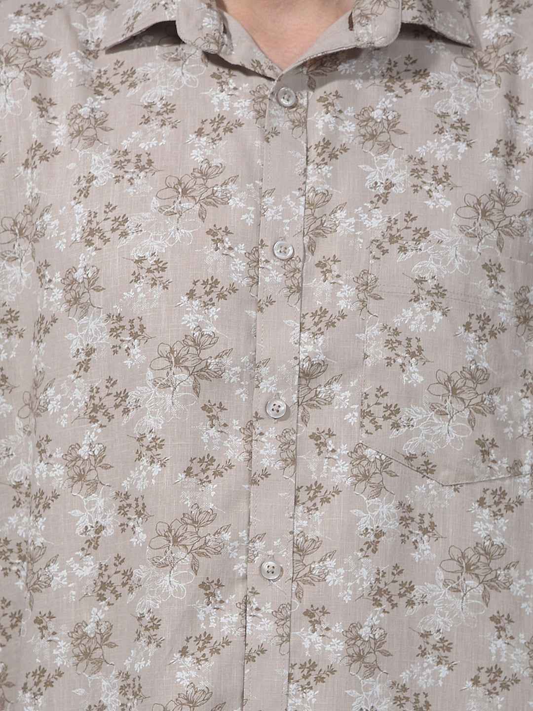 Beige Floral Print Linen Shirt