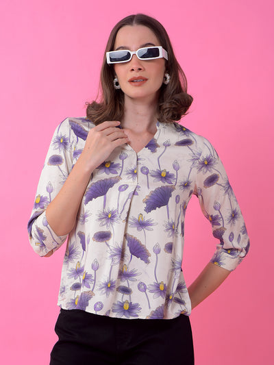 Blue Floral Print V-Neck Top