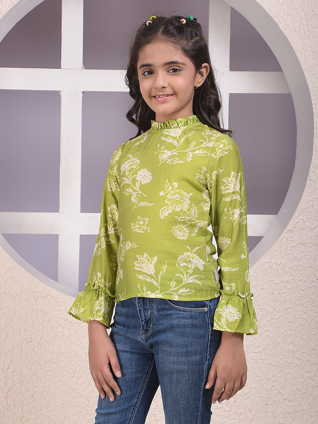 Green Floral Print High Neck Top