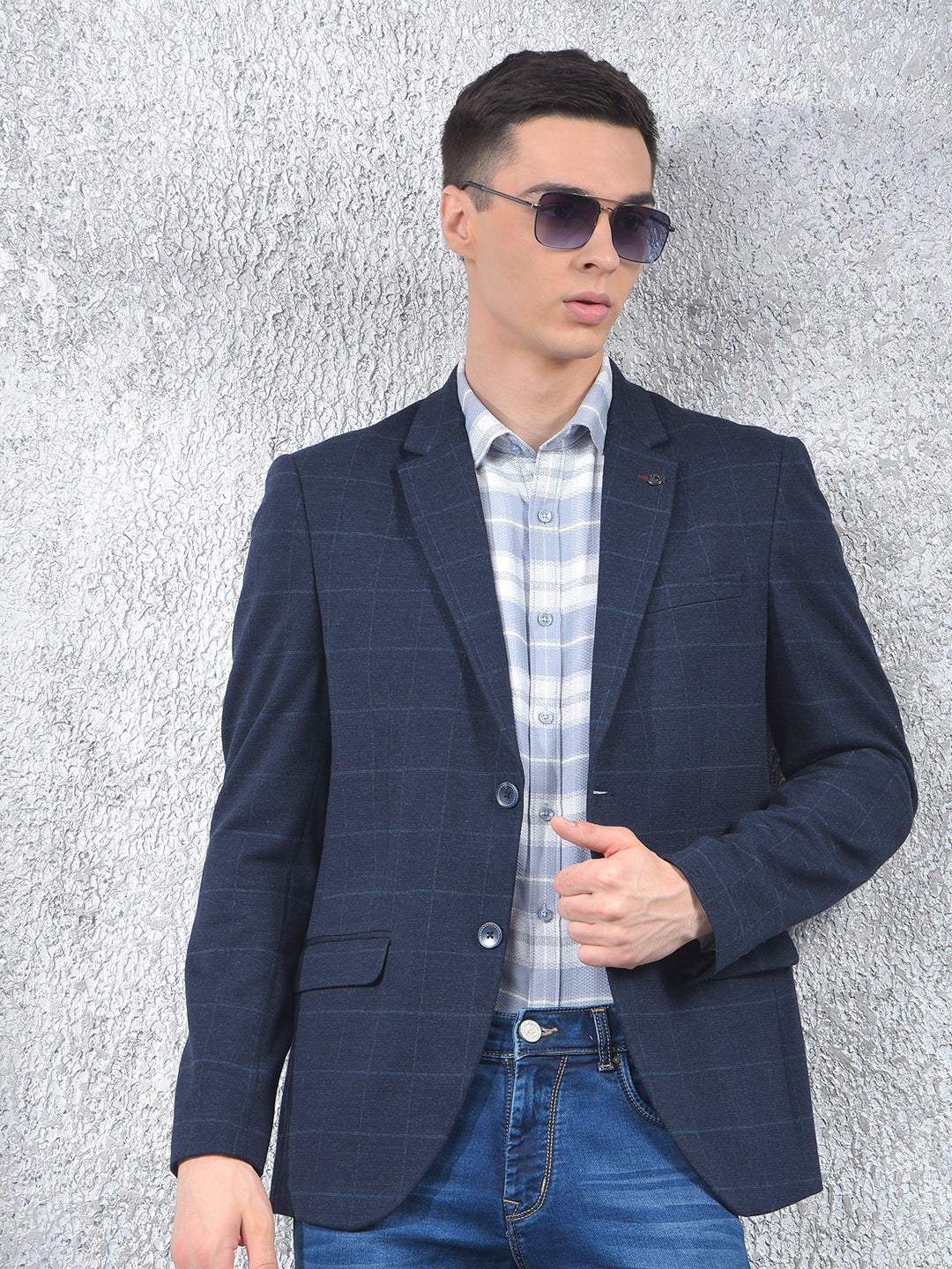 Navy Blue Checked Notched Lapel Single Breasted Blazer
