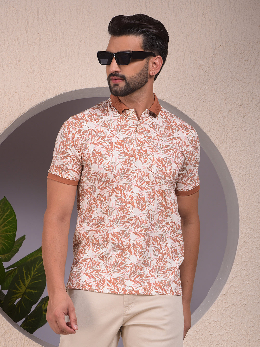 Orange Floral Print Polo Neck T-Shirt