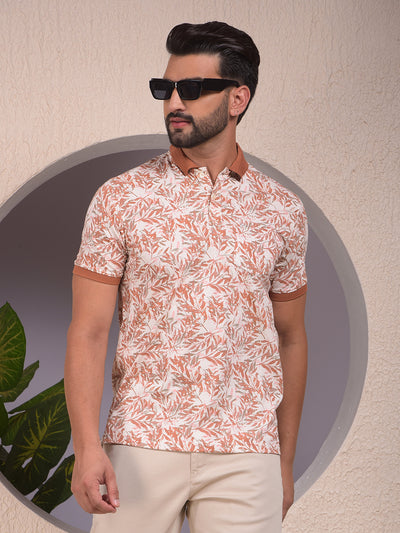 Orange Floral Print Polo Neck T-Shirt