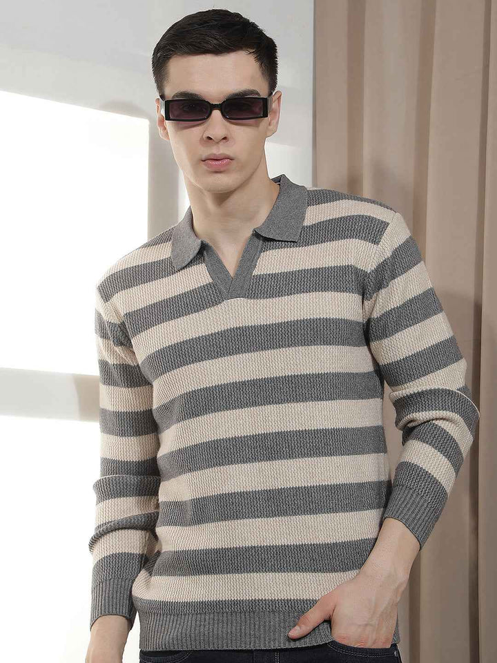 Grey Horizontal Stripes Long Sleeves T-Shirt