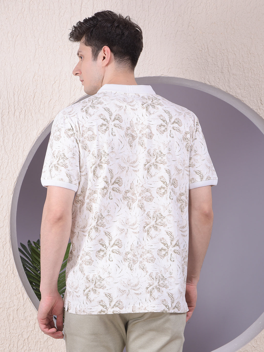 Beige Floral Print Polo-Neck T-Shirt