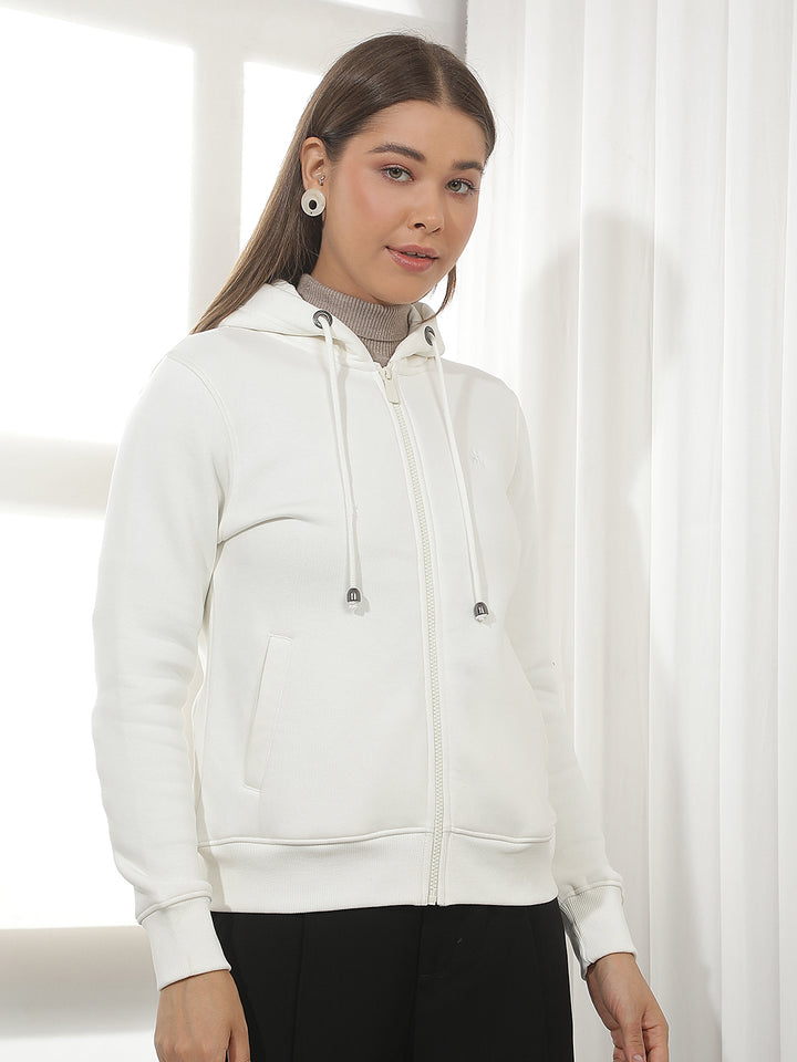 Off White Hooded Front-Open Sweatshirt
