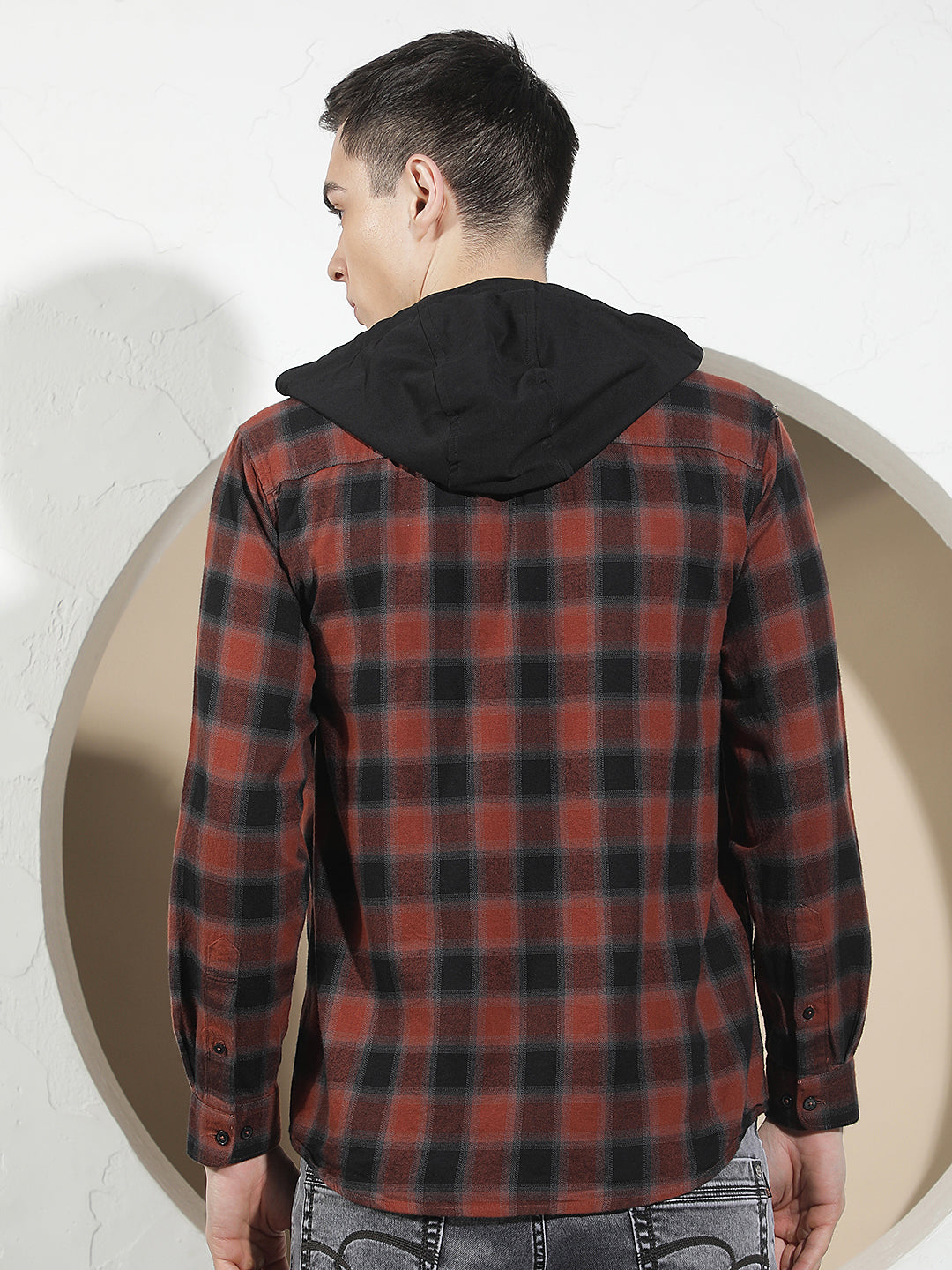 Maroon 100% Cotton Checked &amp; Hooded Shirt