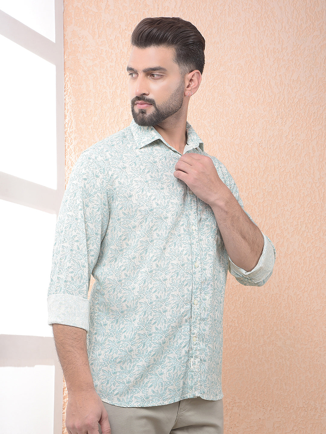Green Floral Print Linen Shirt