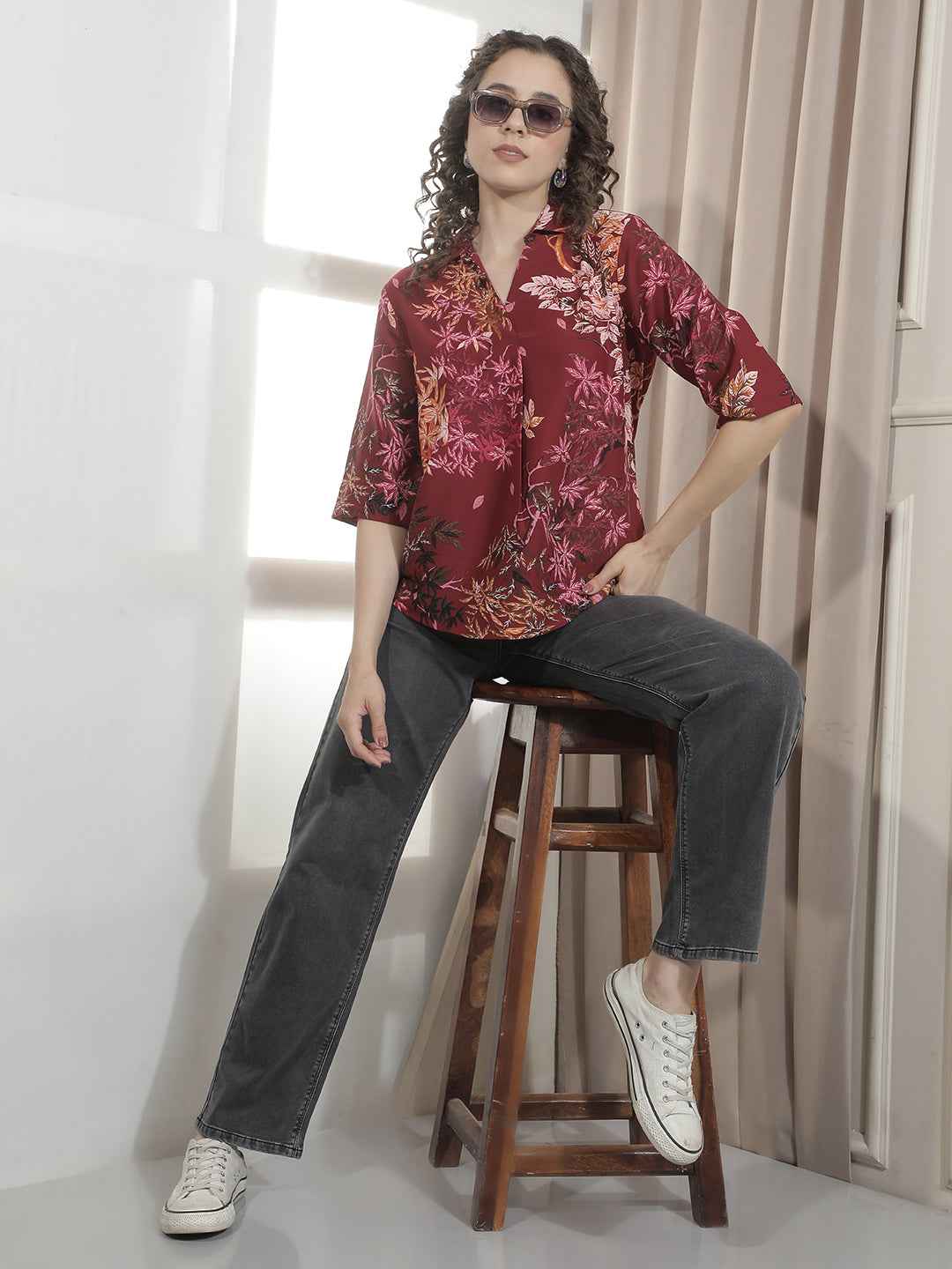 Hot Red Floral Print Top