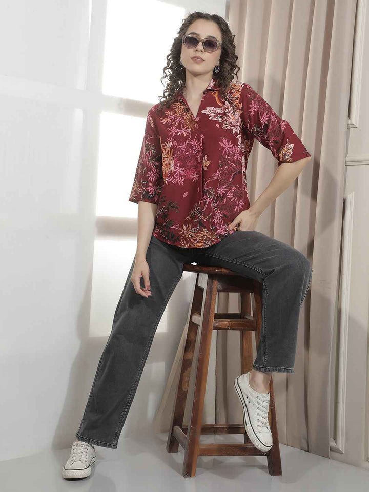 Hot Red Floral Print Top
