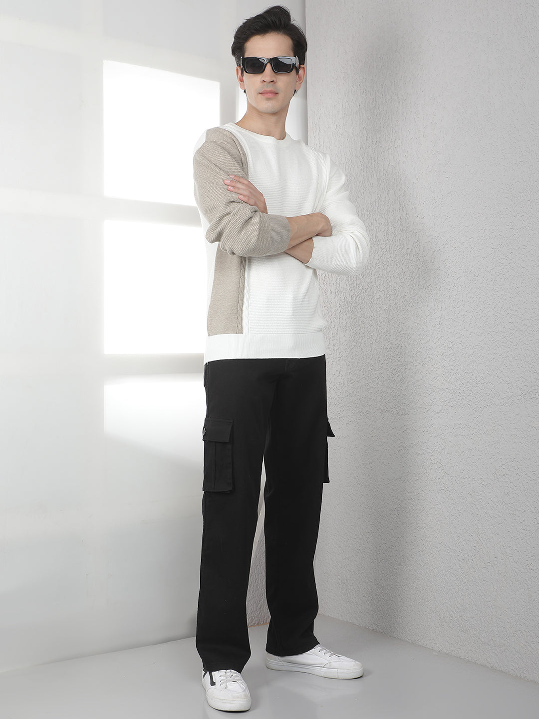 Beige Colorblocked Round Neck Sweater