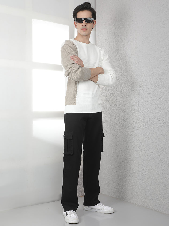 Beige Colorblocked Round Neck Sweater