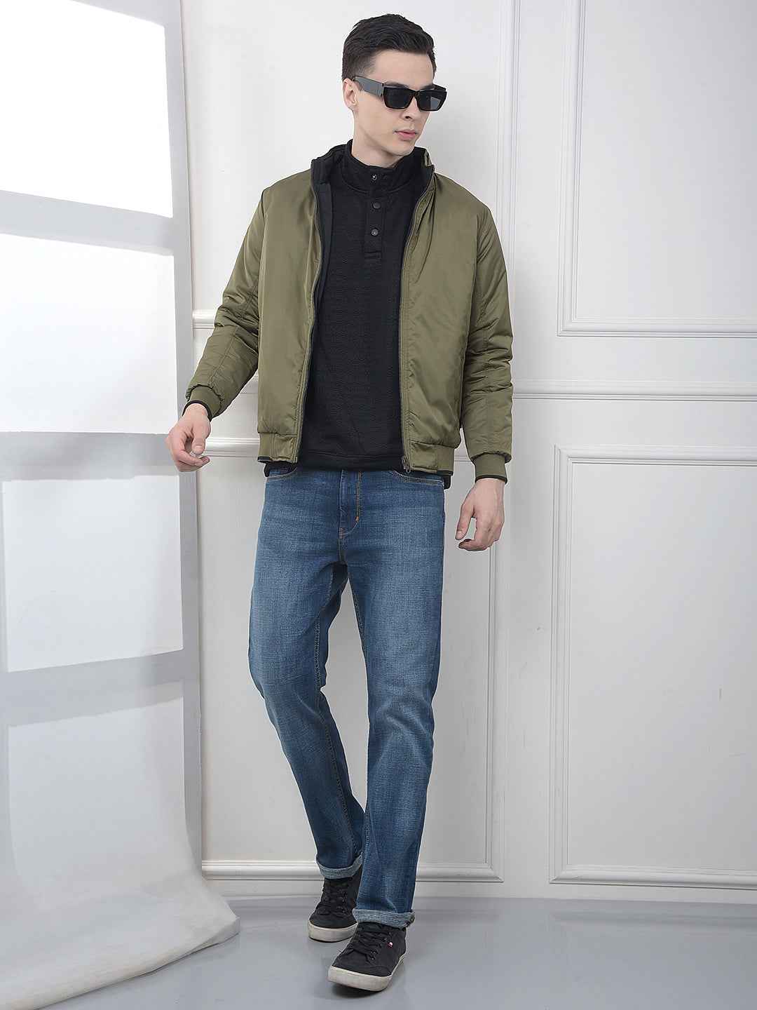 Olive High Neck Reversible Bomber Jacket