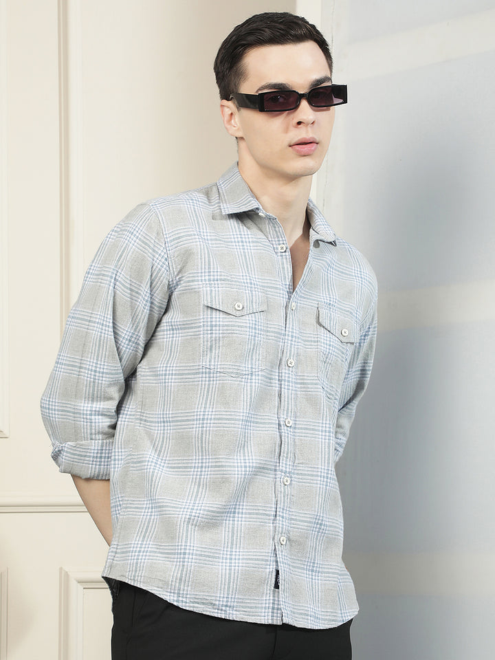 Grey Checked 100% Cotton Double Pocket Shirt