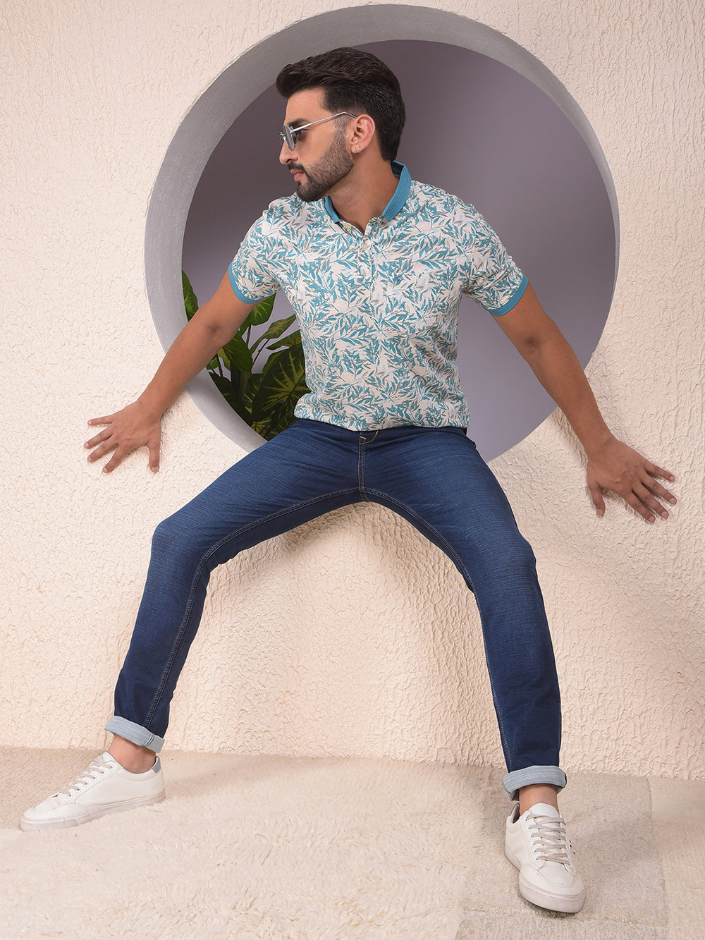 Blue Floral Print Polo Neck T-Shirt