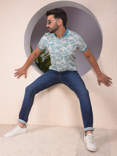 Blue Floral Print Polo Neck T-Shirt