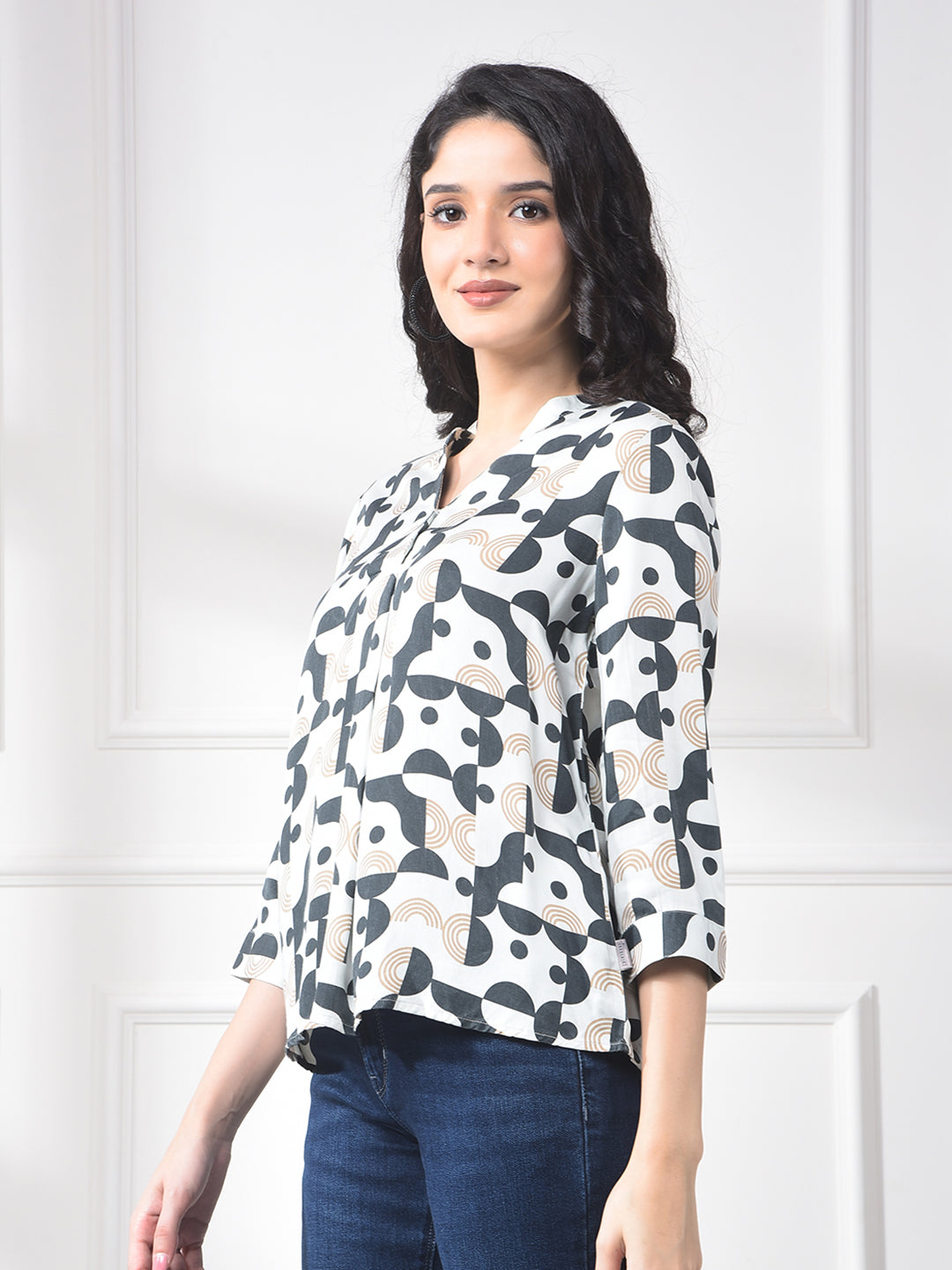 White Printed 100% Modal V-Neck Top