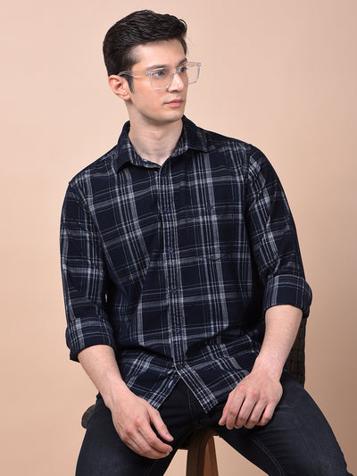 Navy Blue Checked 100% Cotton Shirt