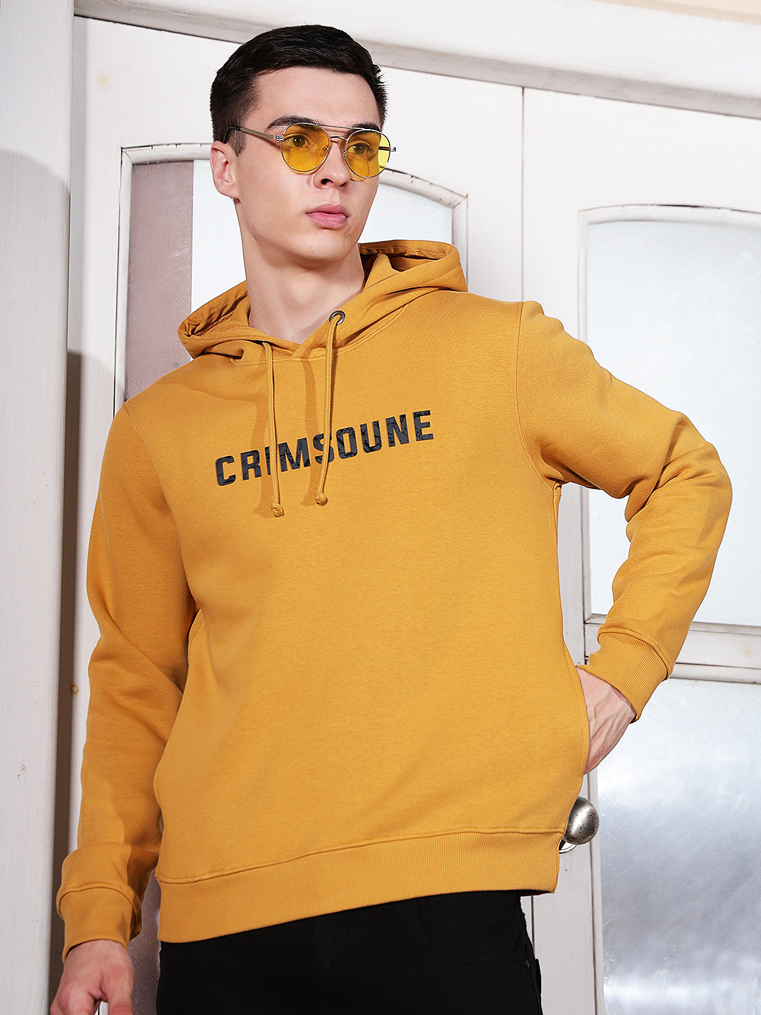 Mustard Typographic Print Hooded Neck Sweatshirt