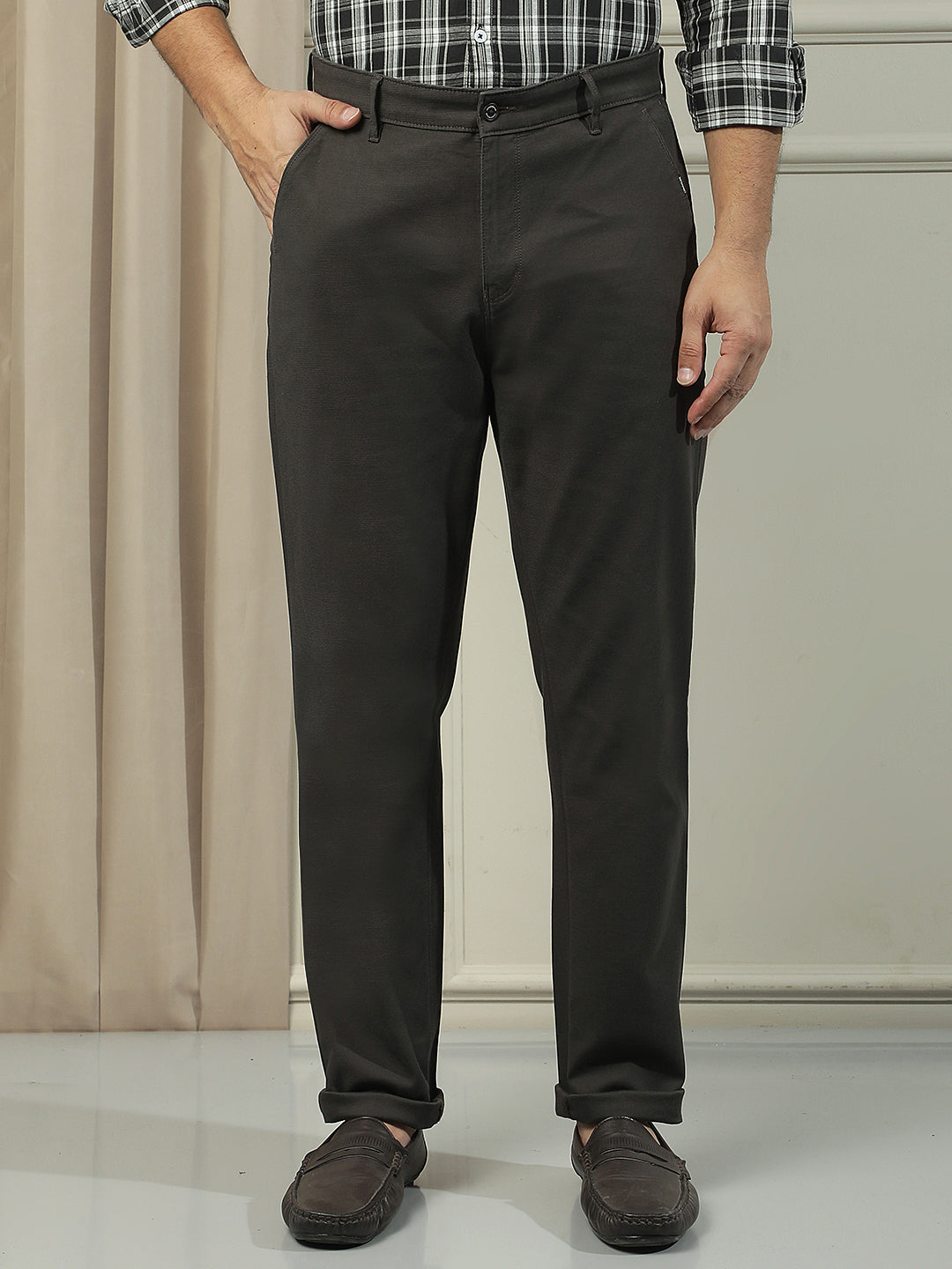 Olive Cotton Stretchable Dobby Trousers