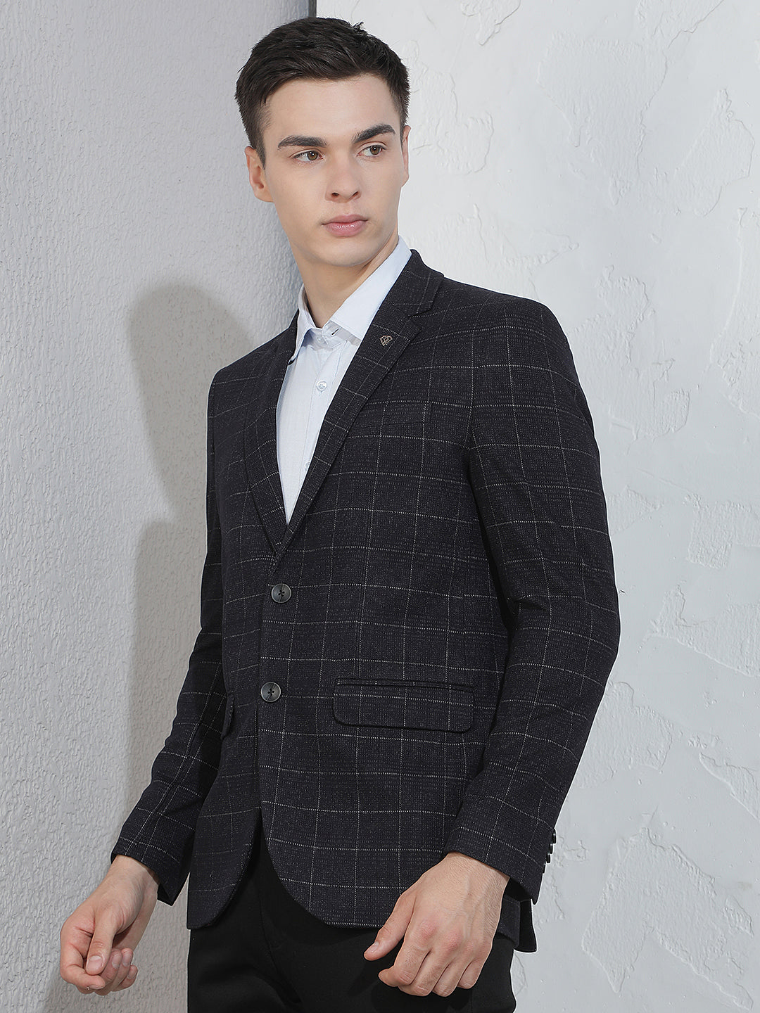 Navy Blue Checked Notched Lapel Blazer
