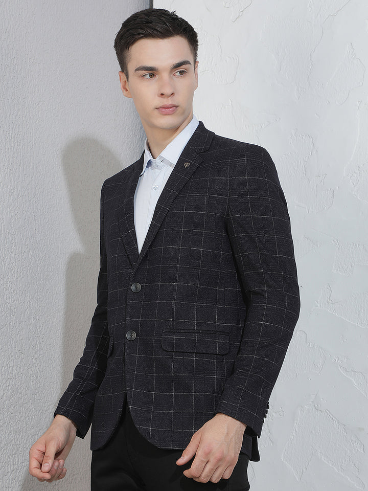 Navy Blue Checked Notched Lapel Blazer