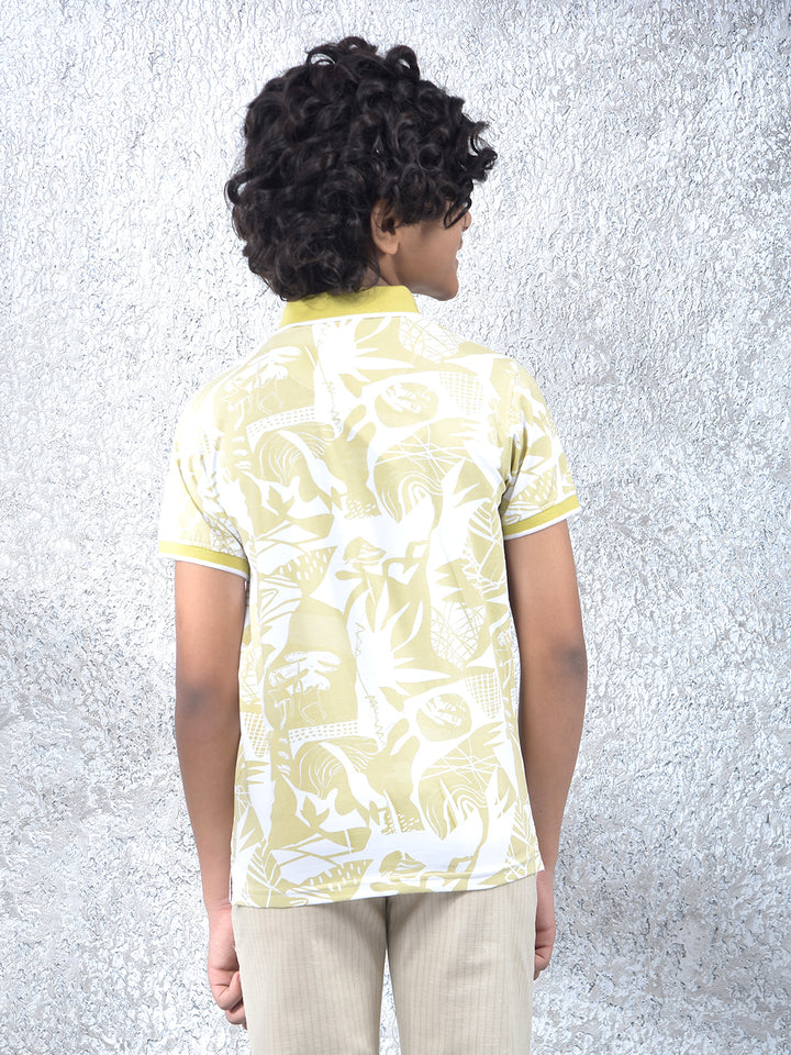 Yellow Floral Print Polo Neck Knitted T-Shirt