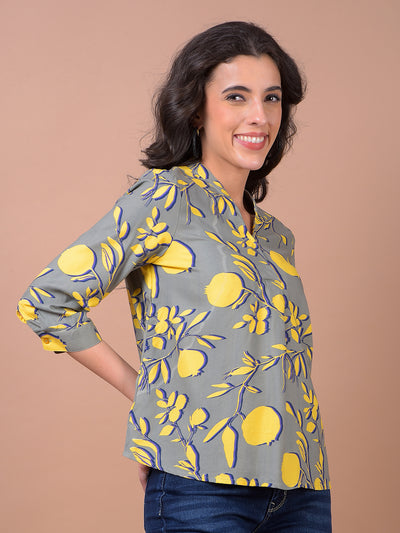 Yellow Floral Print V-Neck Top