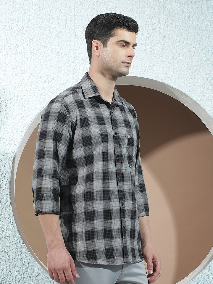 Navy Blue 100% Cotton Checked Shirt