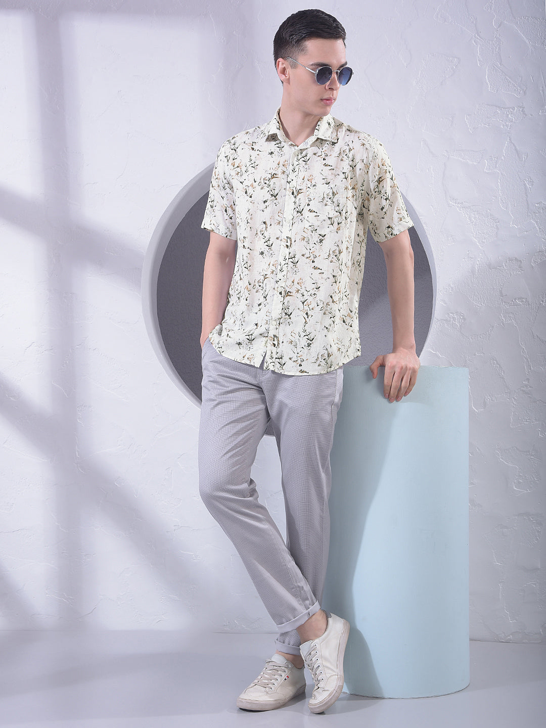 Brown Floral Print Linen Shirt
