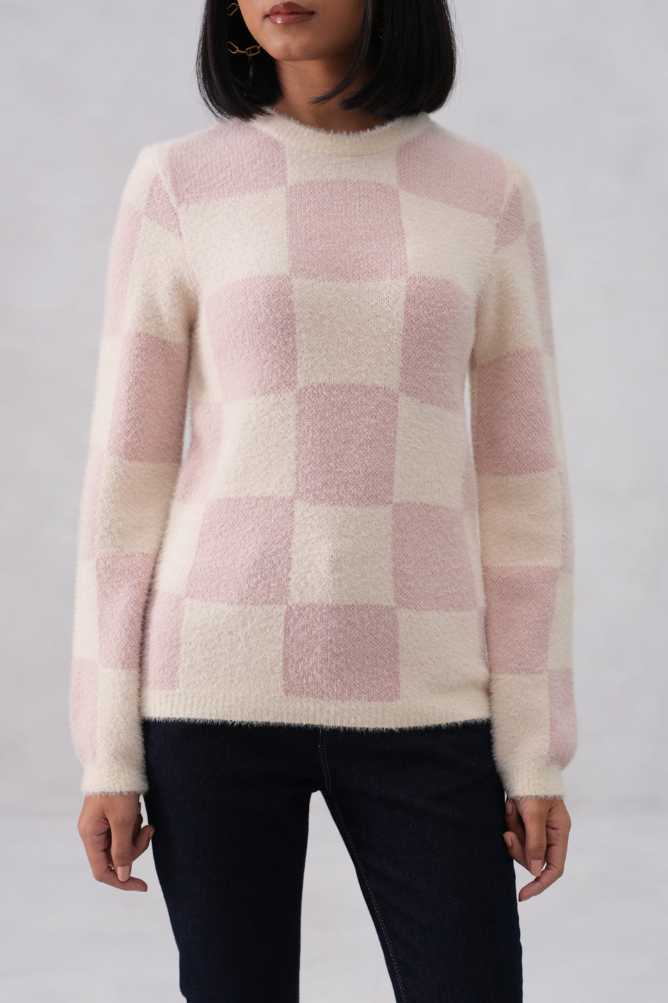 Soft Pink Cozy Check Sweater