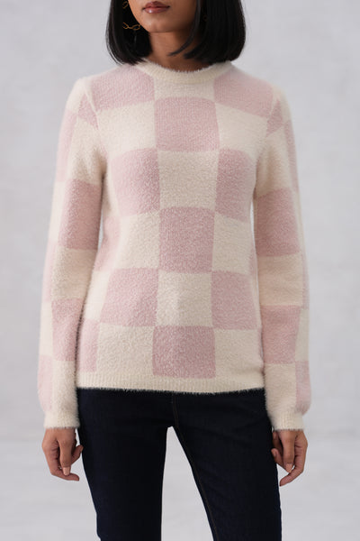 Soft Pink Cozy Check Sweater