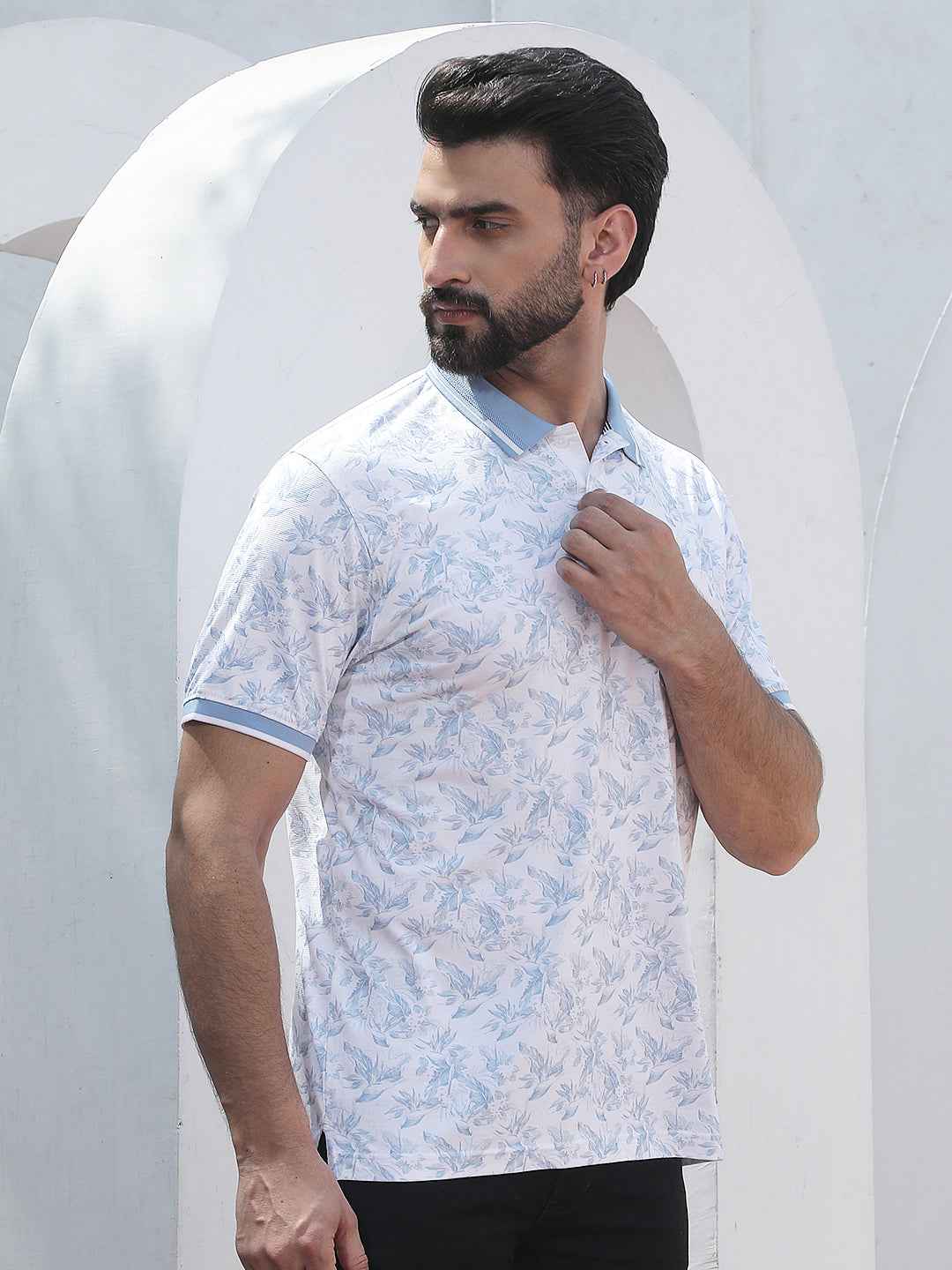 Blue Floral Print Polo Neck T-Shirt