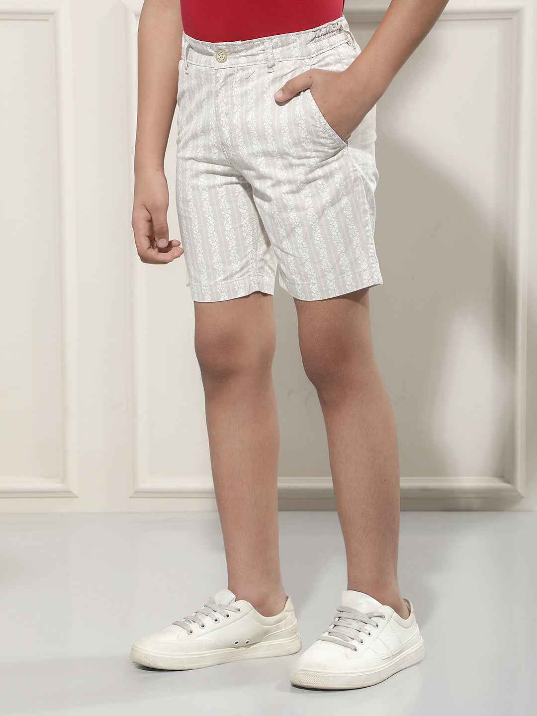 Beige Vertical Stripes 100% Cotton Shorts