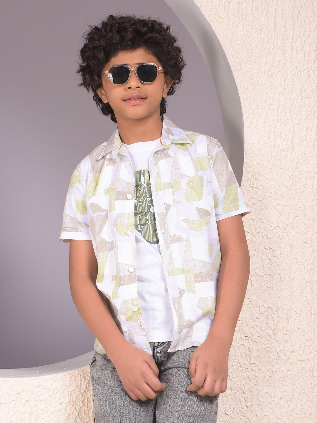 Green Printed Shirt & Tee Set Layered Look
