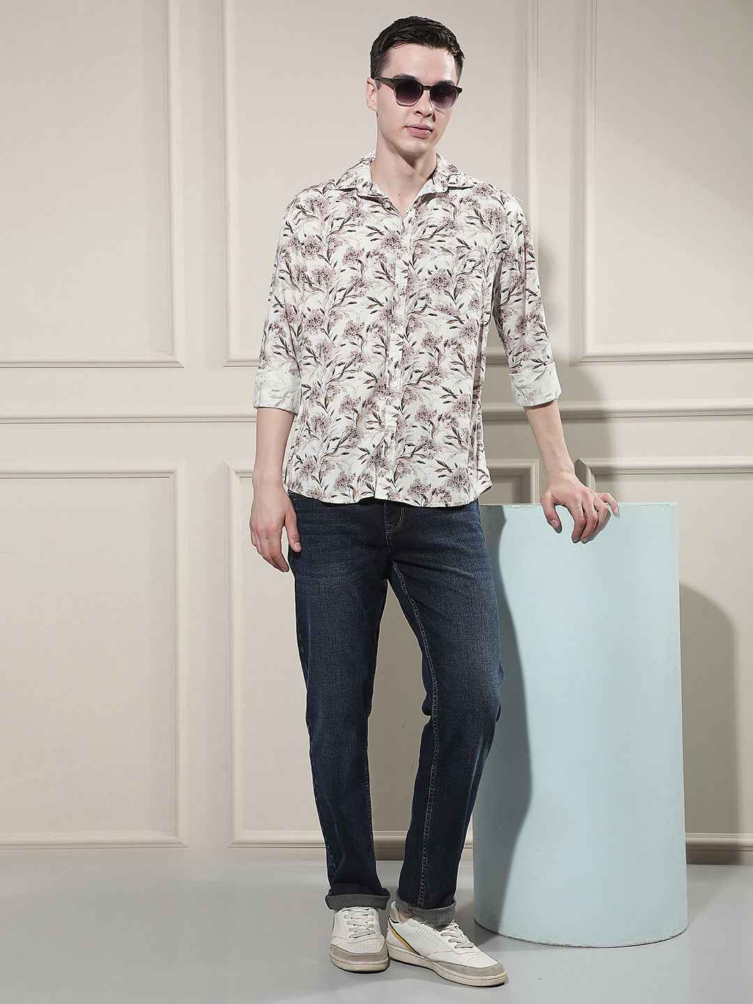 Brown Floral Print Linen Shirt